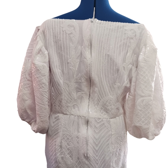 Beaded White Dress Zipper Sequins Puff Sleeve SEE MEASUREMENTS - Picture 5 of 15